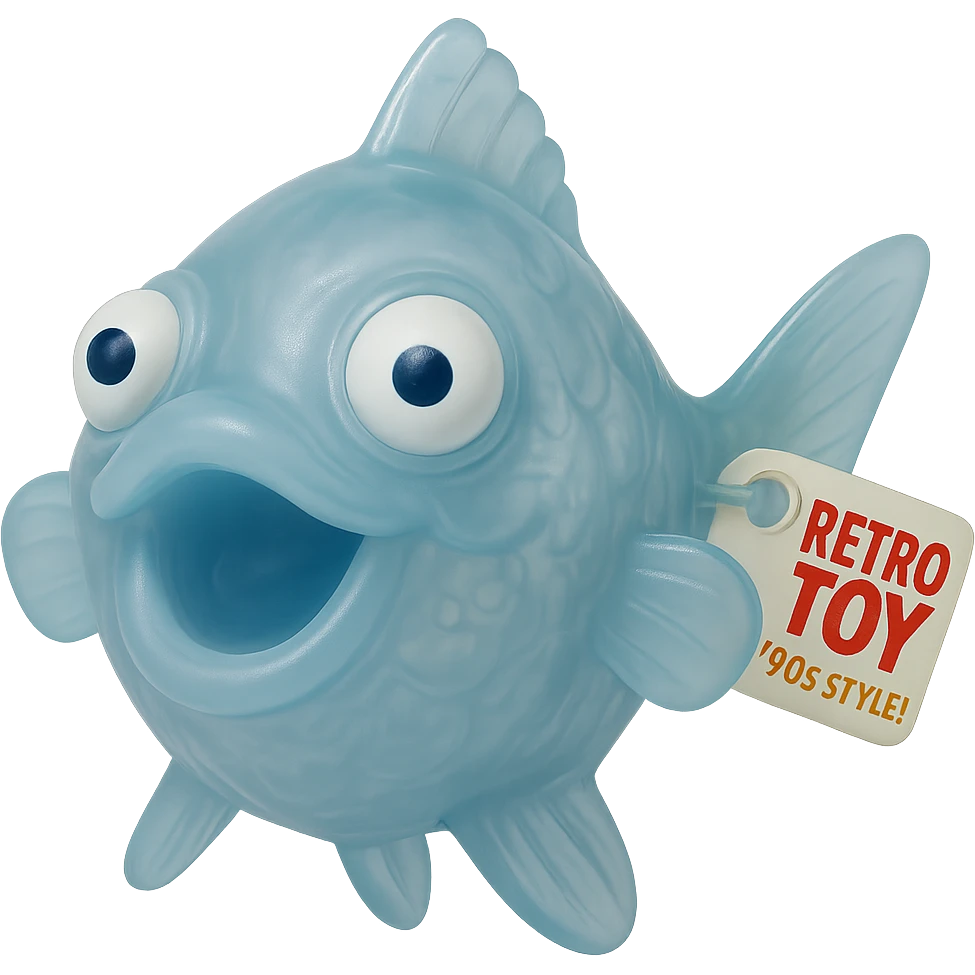 Add a retro toy tag on the fin. Make the body see-through, semi-transparent plastic with a blue tint. Eyes going opposite ways, looking straight at the camera. No background. Hyper-detailed, soft plastic 90's toy look, soft reflections, soft and squishy, some cloudiness, not shiny, highly detailed, appealing. Style: soft plastic 90's toy look. emoji