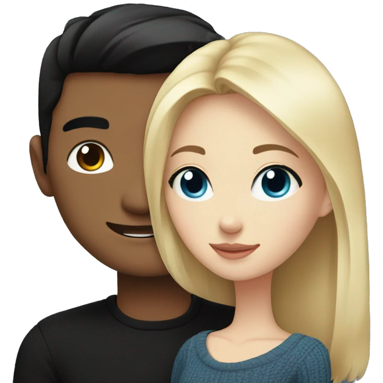 Blonde girl with blue eyes in black sweater and an east asian man with black hair and black eyes hugging emoji