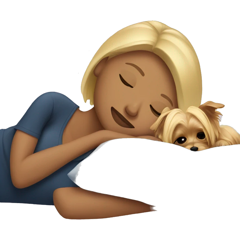 Blonde woman sleeping with Yorkie on bed emoji