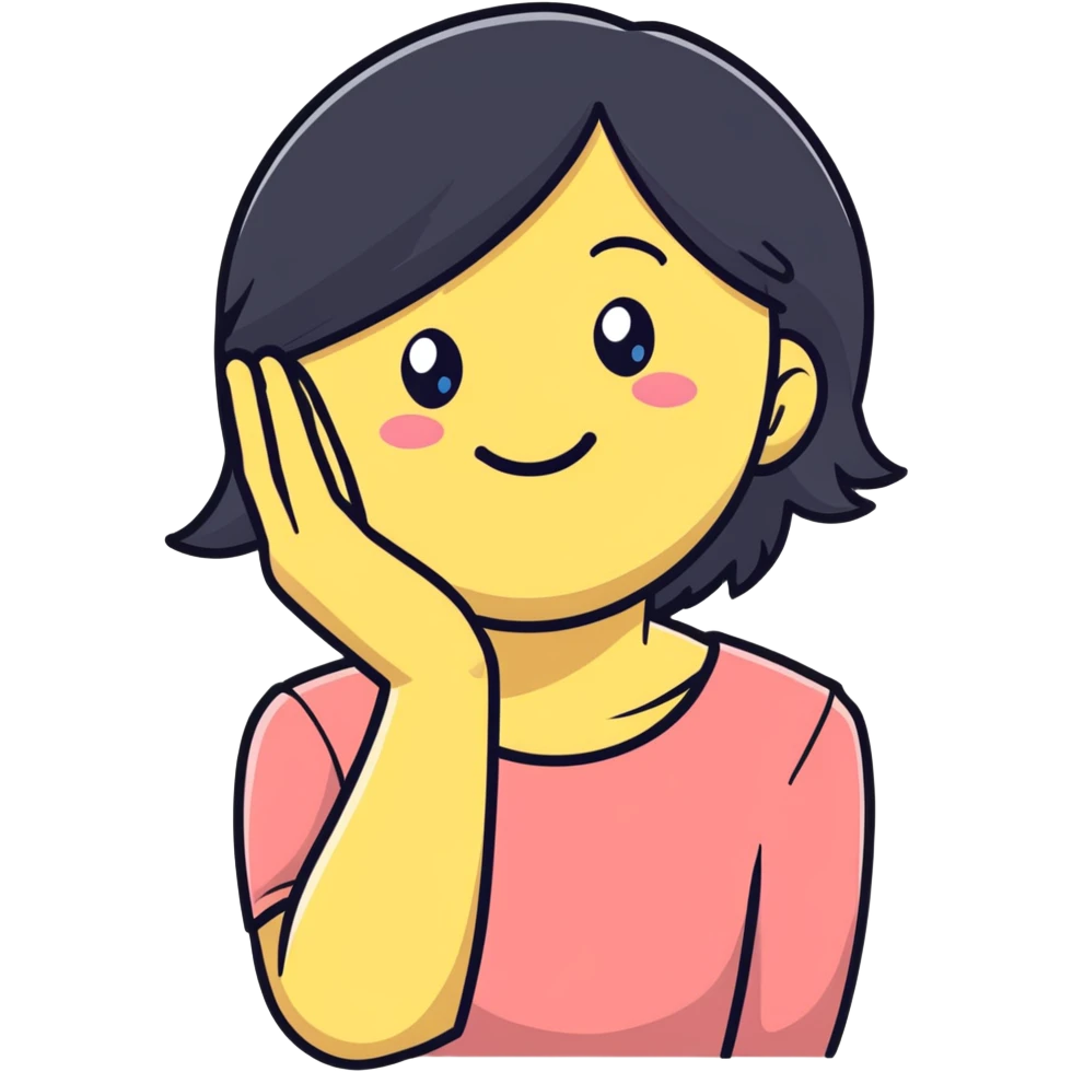 minimalist white smiley with black hair and hand behind head, embarrassed emoji