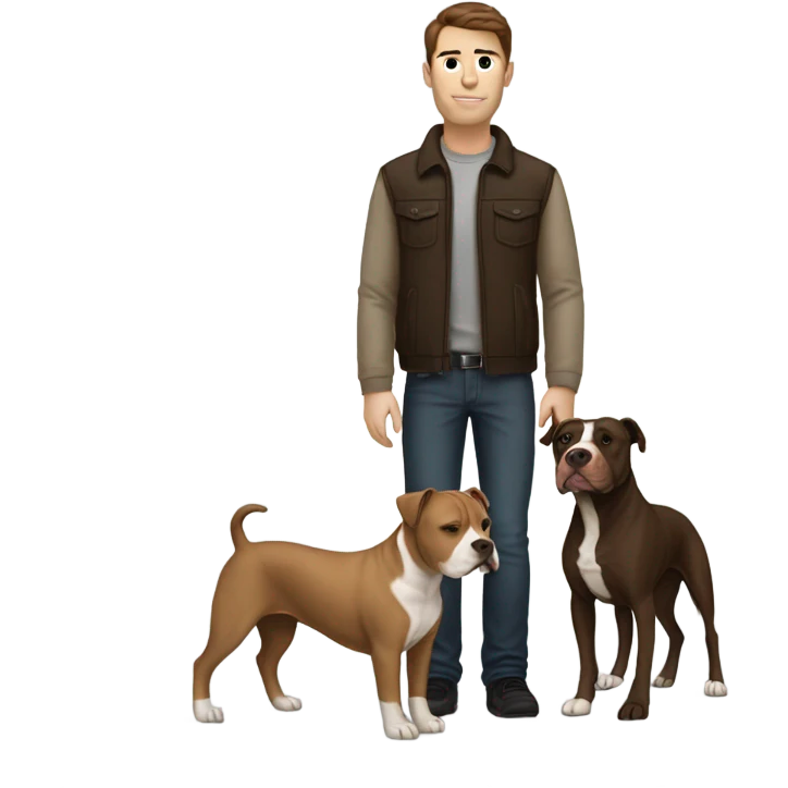 white male with dark brown hair and 5 o'clock shadow standing alongside a white and brown pitbull emoji