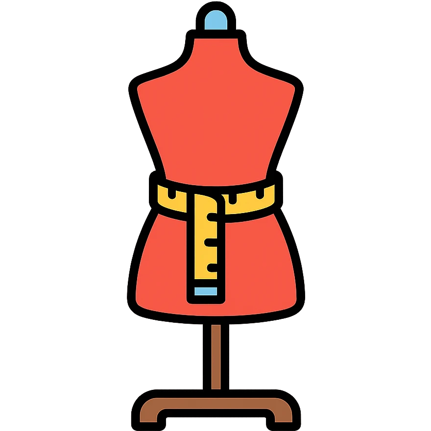 a fashion mannequin with measuring tape, representing a fashion designer, colorful lineal icon with black outlines emoji