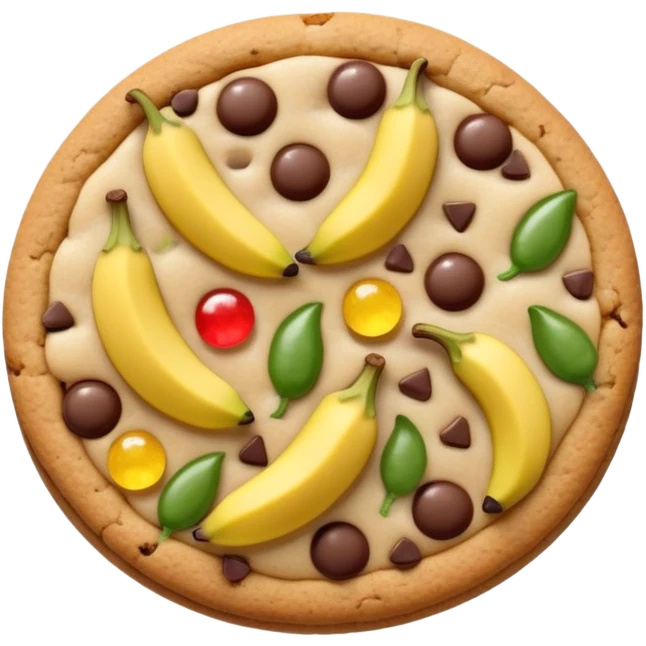 A cookie with gummy bears, jalapeños, bananas, chocolate chips, and pineapples on it. emoji