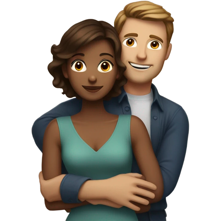 Dark haired white male hugging beautiful medium brown skinned woman with short brown hair  emoji