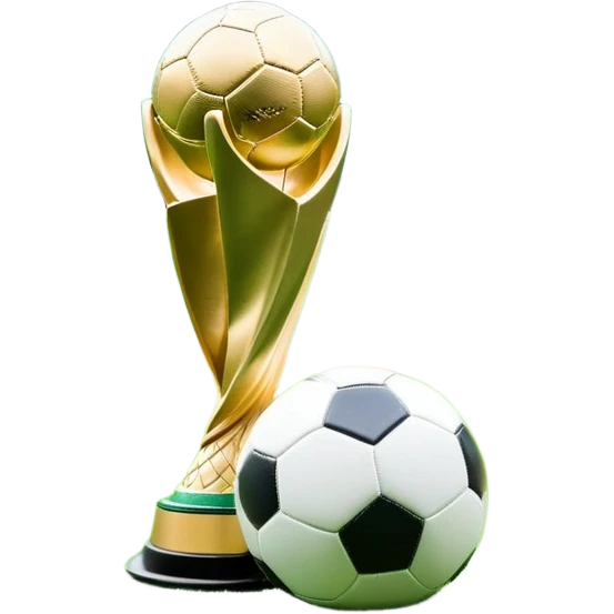A football resting on the green grass of a soccer field, with goalposts and field markings in the background. In the foreground, the UEFA World Cup trophy gleams, symbolizing the pinnacle of football achievement, adding an element of prestige and competition to the scene. emoji