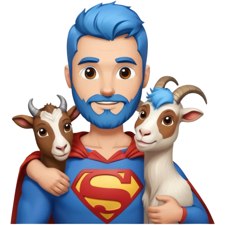 Adult Superman with redish brownish full beard with his arm around a blue hair happy goat emoji