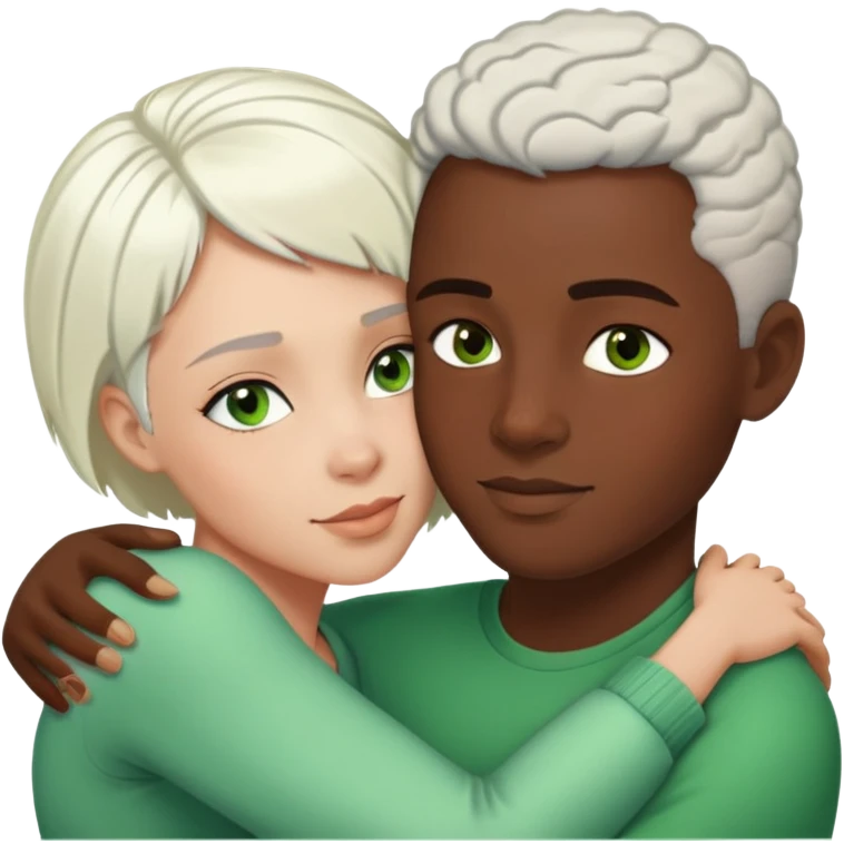 African American dark skin wife with short white hair hugging African American light skin husband with green eyes  emoji