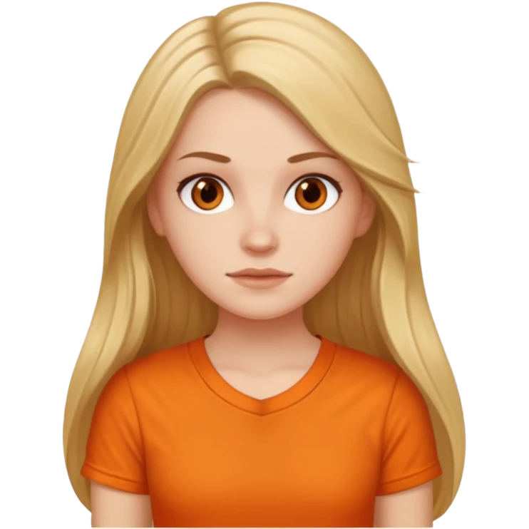 white girl with long hair and orange shirt not smiling emoji