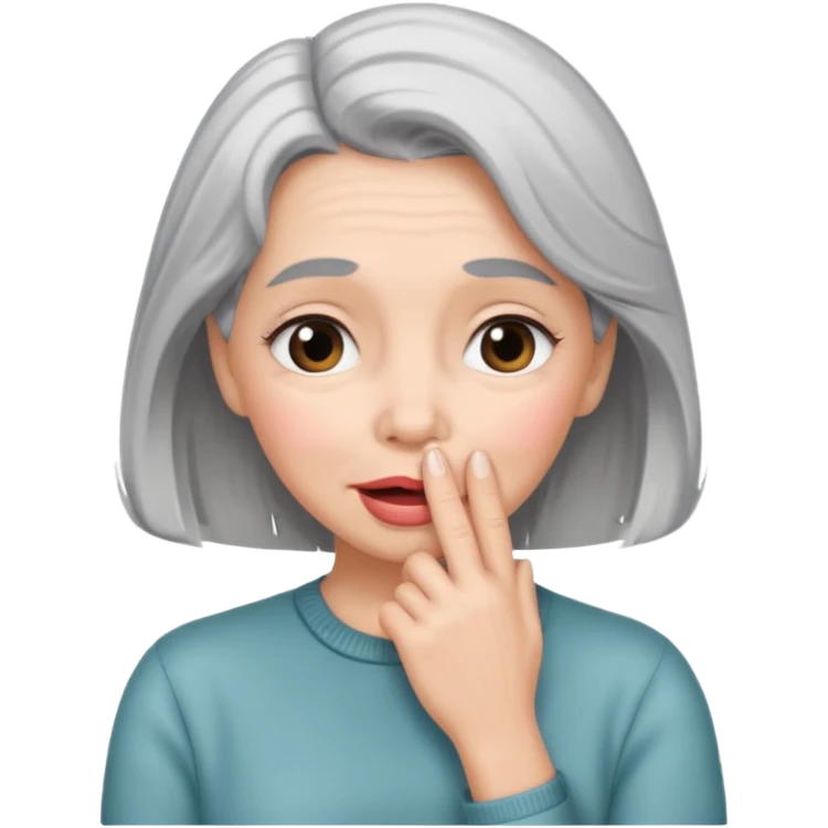 shy 1950s woman with grey hair, blushing, hand over mouth emoji