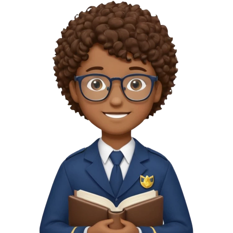 Boy student wearing uniform, glasses, hold book in front of their chest, brown curly hair, dark skin emoji