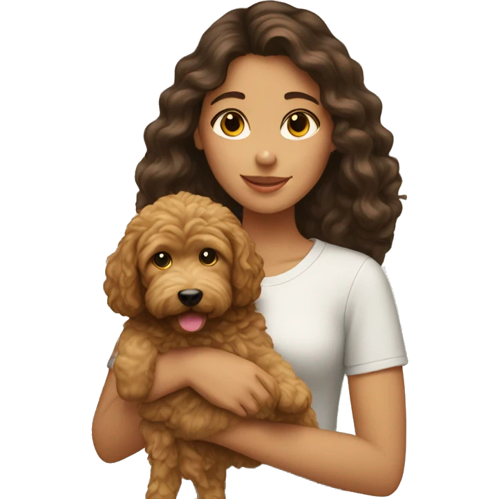 brunette girl holding golden doodle  emoji