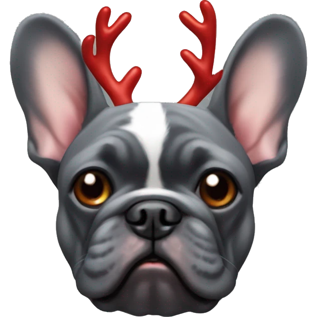 Dark grey French bulldog with reindeer antlers, a red nose like Rudolph emoji