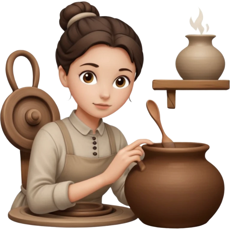 Brunette girl with a bun, behind the potter's wheel, wearing neutral clothing emoji