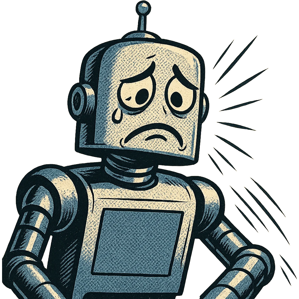 sad robot with expressive face, metallic body, dramatic shading, oldschool comicbook style emoji
