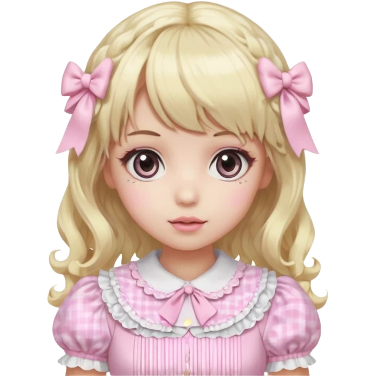 pale girl with curly medium length blonde and baby pink swirled hair with bangs, grey eyes, doll-like makeup, wearing a light pink lolita hime gyaru dress, emoji style emoji