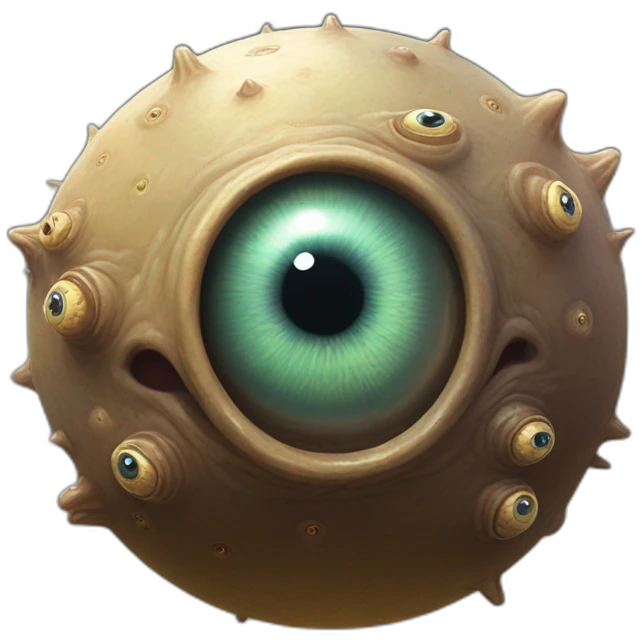 D&D beholder, one bg central eye, 8 small eyes on stocks above it's head, spherical body floating about the ground emoji