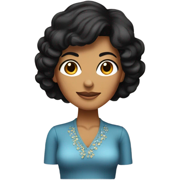 Tanned woman with black hair wearing 1970s style outfit and hair emoji