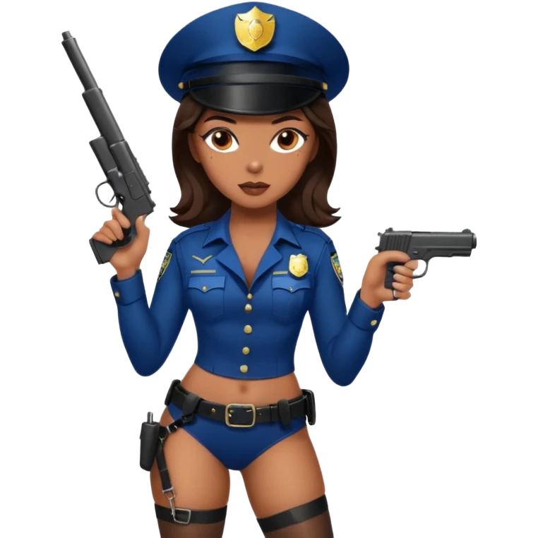 A sexy girl. with caramel skin. Dark brown hair and brown eyes. She has freckles. Wearing sexy makeup. Dressed as a sexy cop. wearing lingerie. Wearing heels. Holding a gun emoji