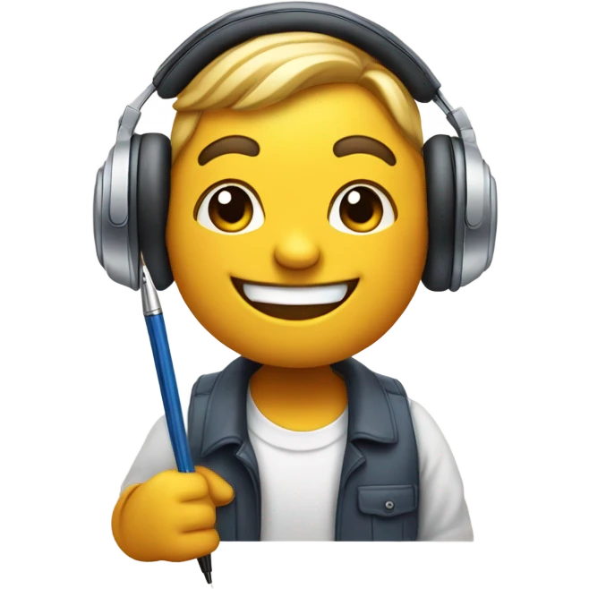 Smile emoji wearing large headphones and writing with a fountain pen  emoji