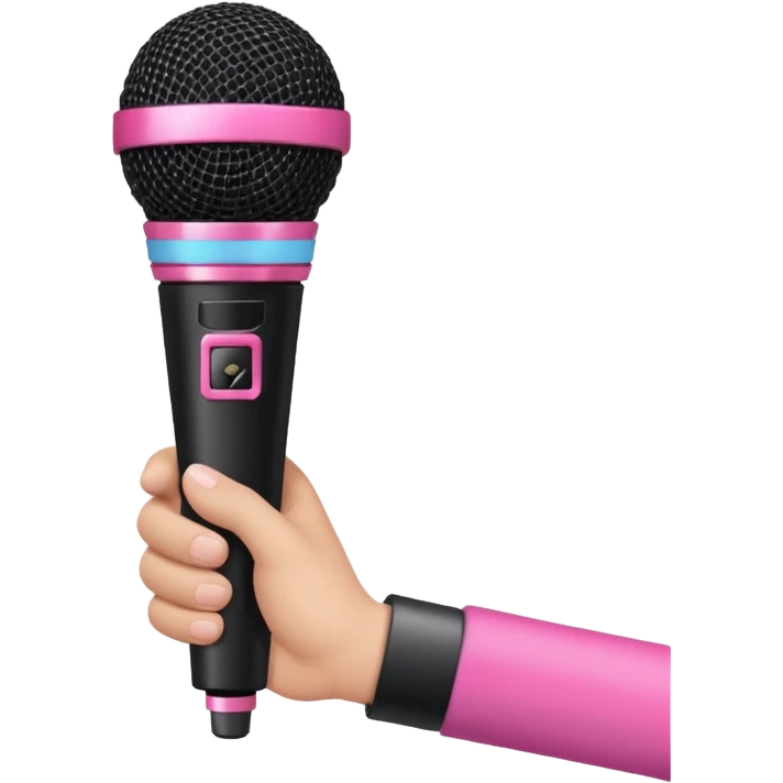 hand holding black stage microphone with pink strip on bottom emoji