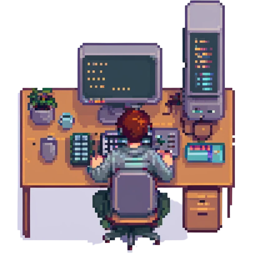 programmer sitting at a desktop computer, pixel art style emoji