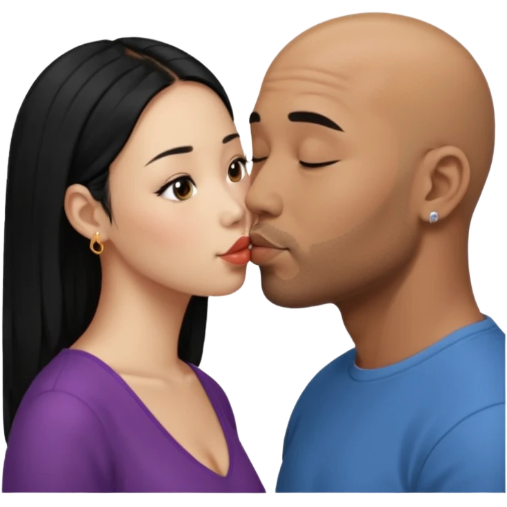Bald black with small beard deeply kissing a short younger looking asain women with long black hair and nose ring emoji
