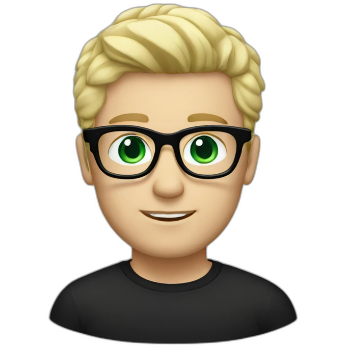 blonde hair white male wearing black shirt with bold blue glasses green eyes and blonde hair emoji