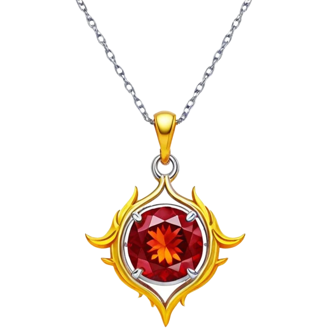 phoenix-inspired ruby pendant, deep red core with yellow ember edges, floating silver chain emoji