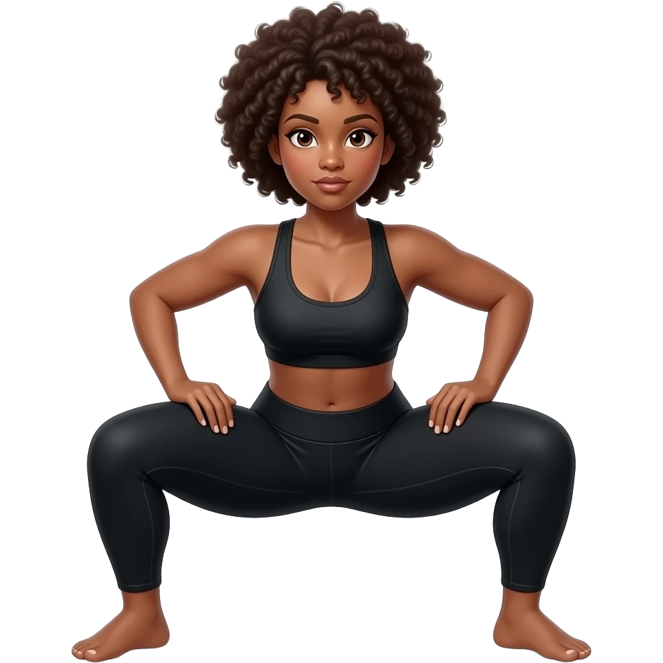 Light-brown Black woman, afro hair, wearing black sports bra and leggings, performing SUMO SQUAS WITH HER LEGS MORE OPEN , full body, toned glutes and legs, strong posture, realistic fitness style, clean background, soft lighting. emoji