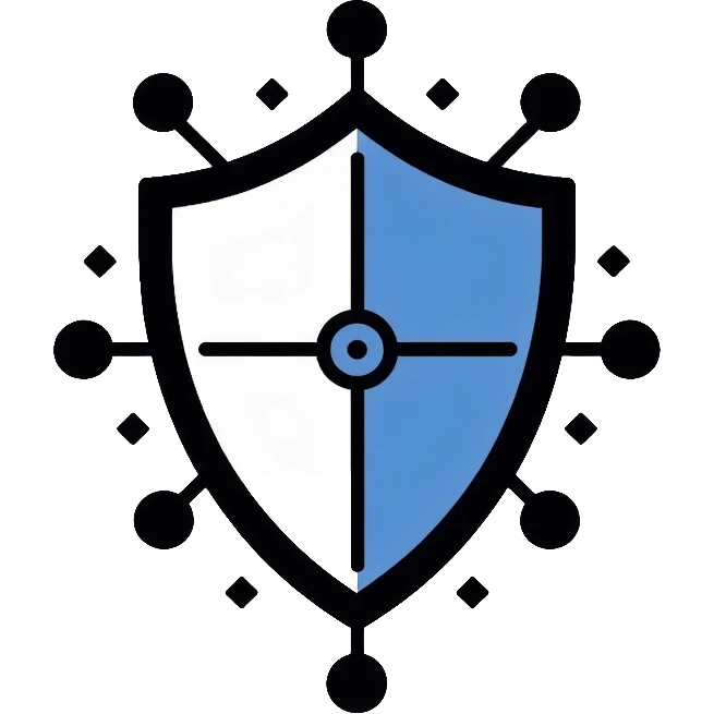 A secure network logo with shield and digital network nodes emoji