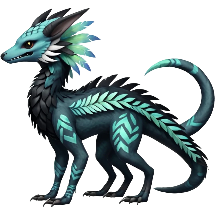 Rare realistic tribal patterned whitish pastel colorful iridescent shiny glossy feathery epic handsome gorgeous aesthetic black-skulled Vernid-Trico-Sergal-Salandit-Nargacuga-species-Fakemon-creature by LiLaiRa, 4 legs, 1 tail, random markings, (full body) long ears emoji