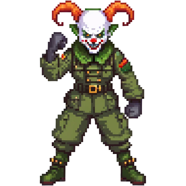 evil clown soldier, bald, short devil horns on forehead, fangs, pointed ears, black and military green clothes, fighting stance emoji