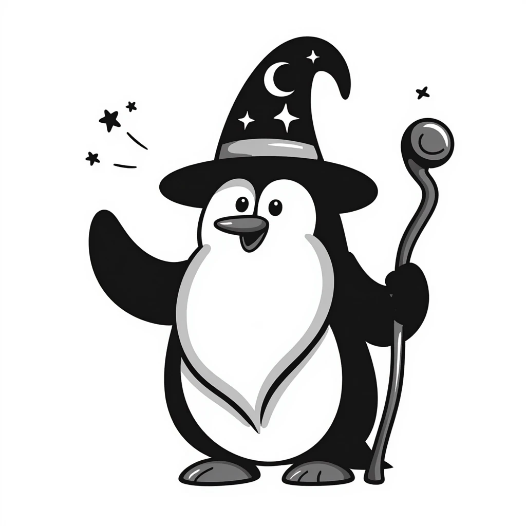 a penguin wizard with a long white beard, pointed hat, and magical staff emoji