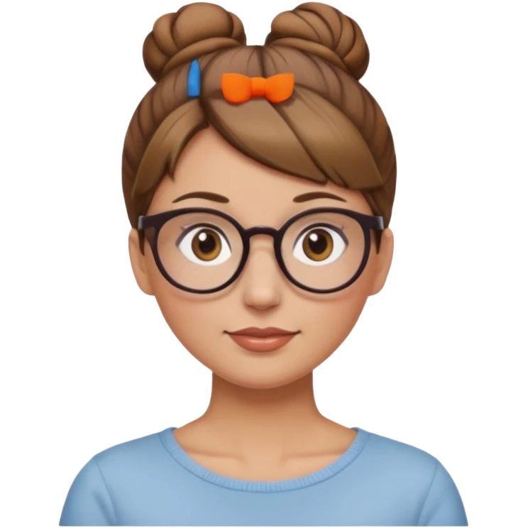 femme de 38 ans avec des cheveux châtain clair, un chignon haut, yeux bruns, lunettes rondes emoji