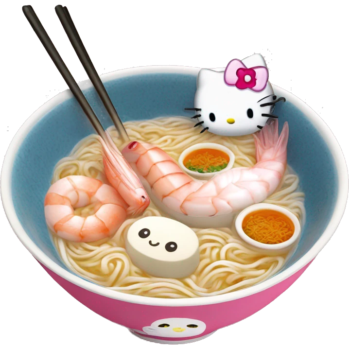 hello Kitty shrimp Ramen with white and pink fish cakes in hello Kitty bowl ￼ emoji