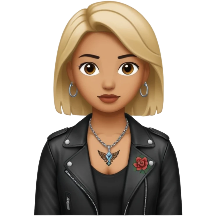 a rockstar wearing necklace, leather jacket, having tattoo emoji