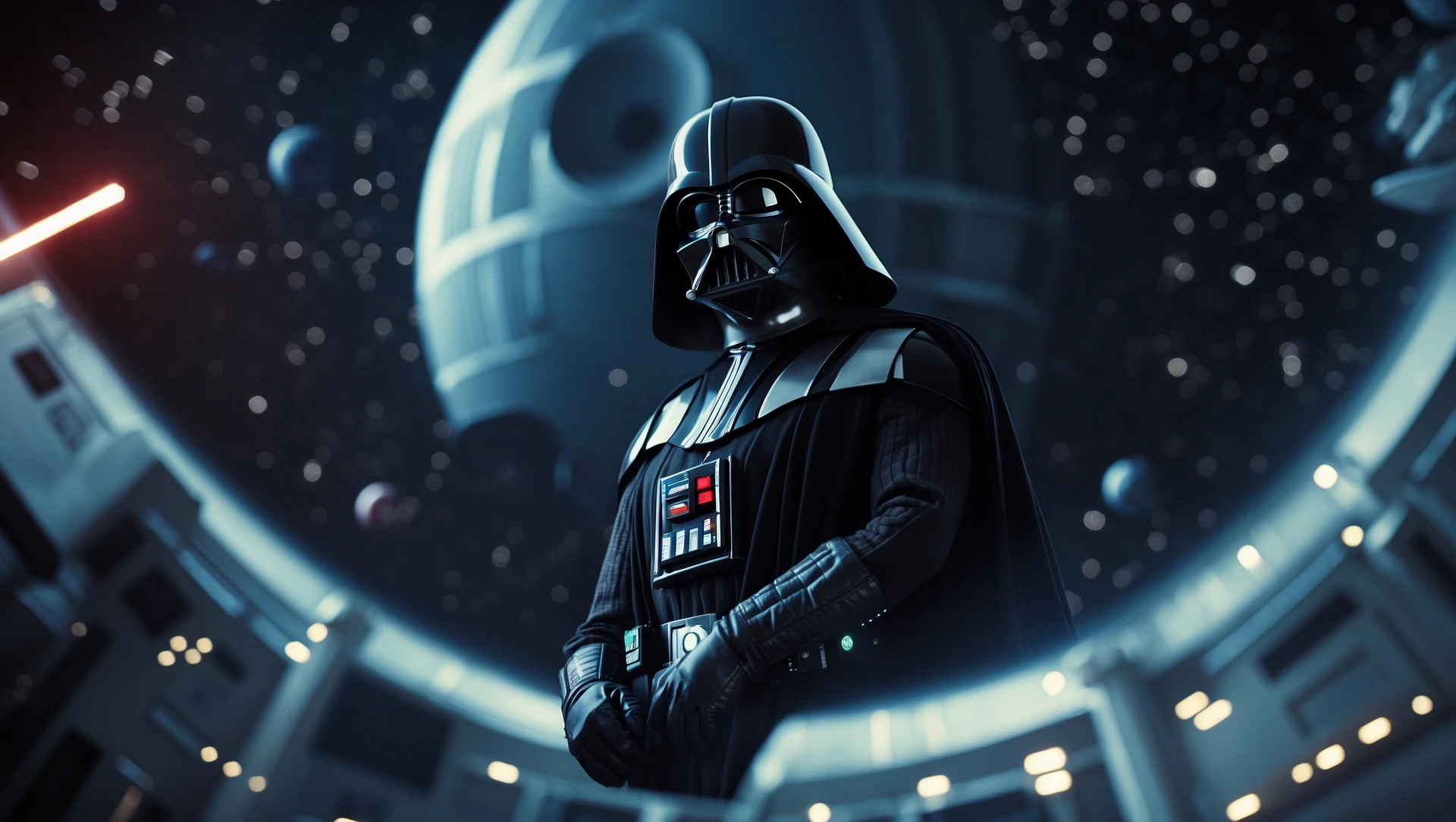 cinematic still, documentary photography, space and death star, well lit scene, Darth Vader floating in space, close up, front shot, rule of thirds emoji