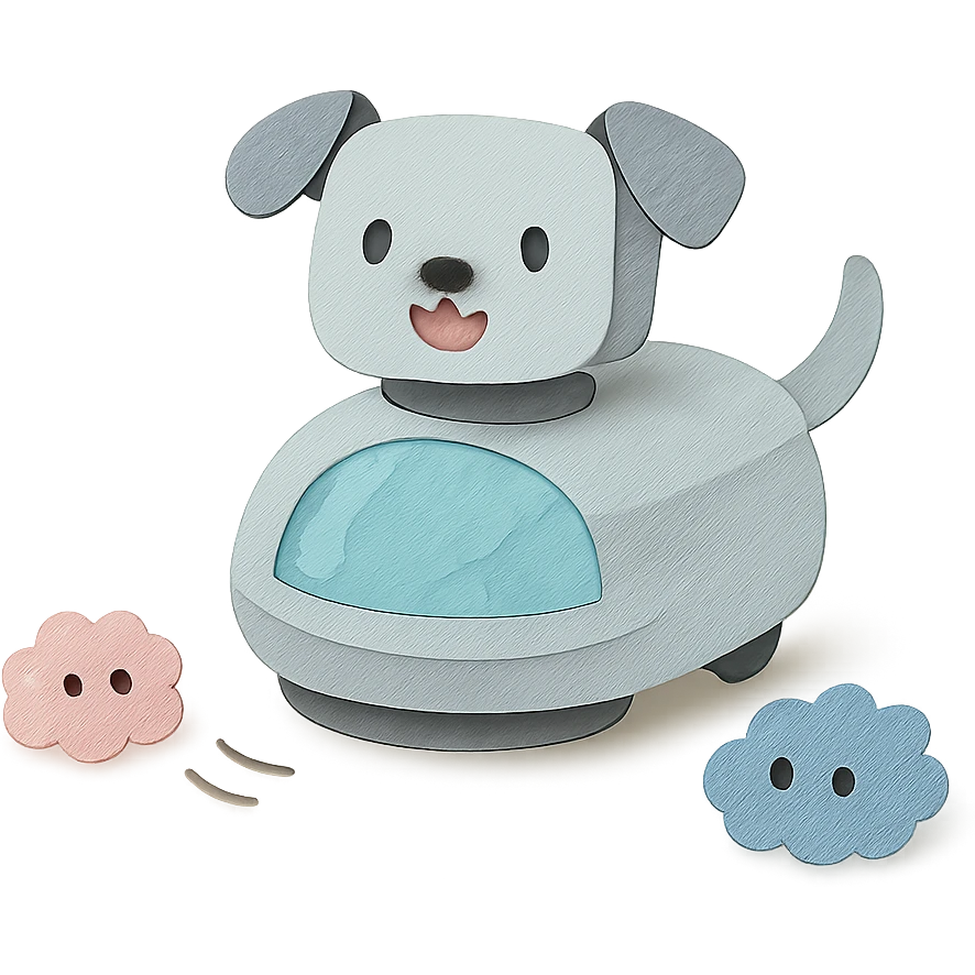 soft grey pastel robot puppy vacuum spinning and chasing dust bunnies, full-body emoji