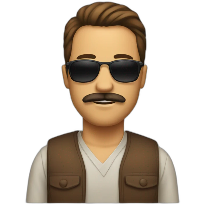 man with brown hear, mustache and beard. he has sunglasses emoji