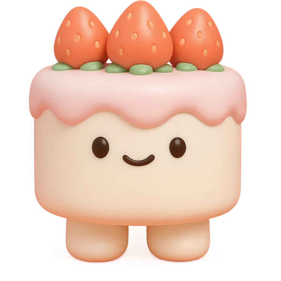 white cake with strawberries on top, vinyl figure style emoji