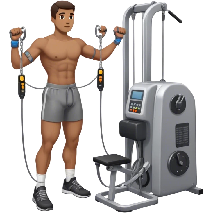 guy standing next to cable-machine with cable tied to ankle-cuffs for leg-side-raise exercise emoji