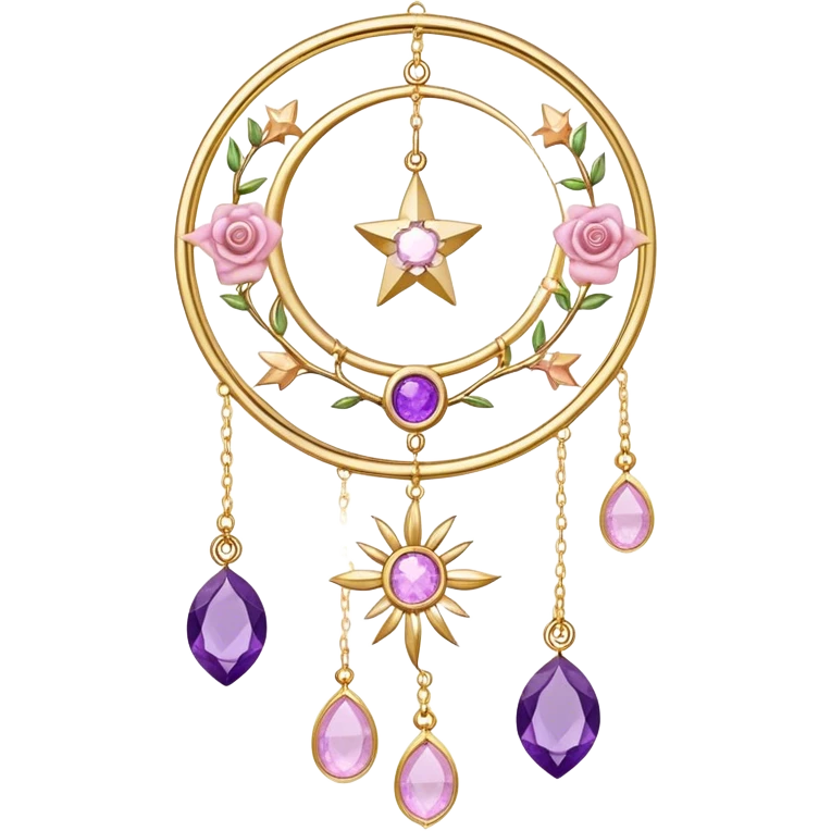 Epic beautiful gorgeous cute gold suncatcher, threads with shiny sparkly amethyst and rose-quartz gemstones, flowers, crescents-moons, stars emoji