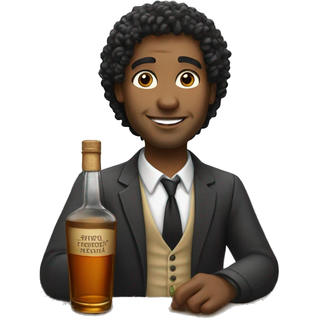 A white teacher with black curly hair drinking whiskey from the bottle emoji