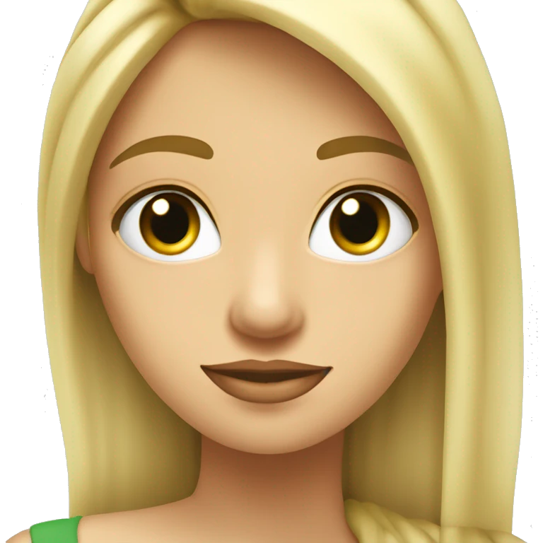 Chica con pelo largo ondulado rubio, ojos verdes, delgada, cara blanca emoji