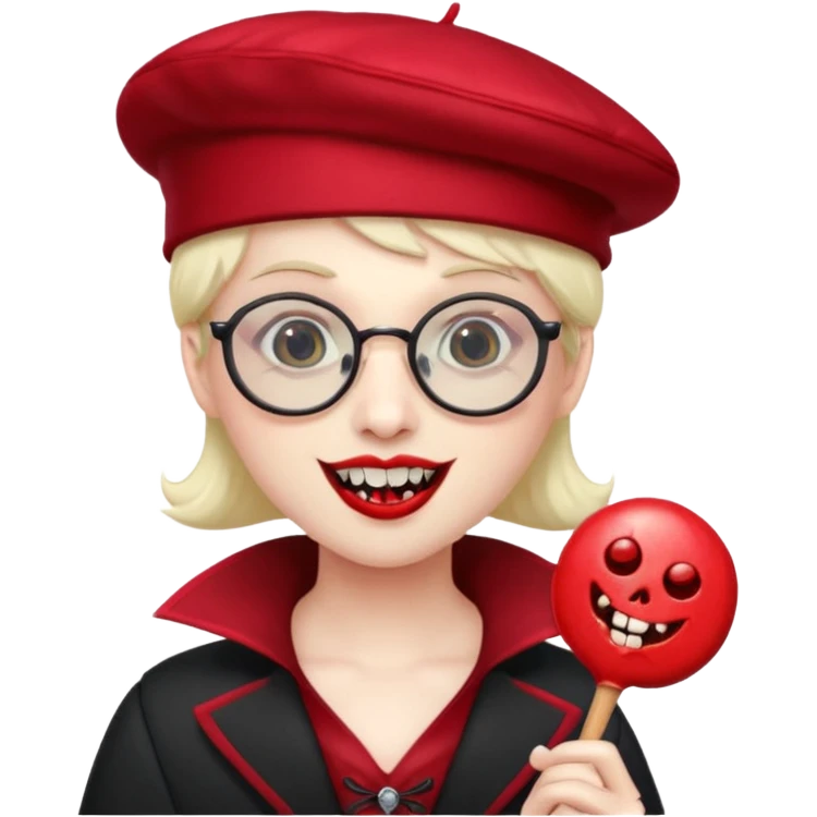 Vampire with lollipop, beret and glasses, teeth looks like vampire emoji