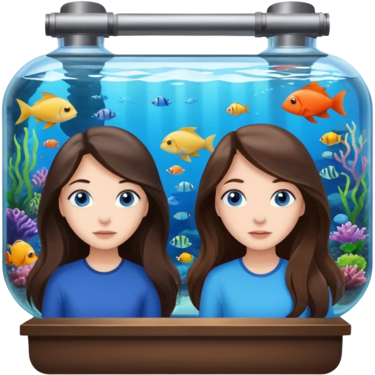 two brunette girls long hair blue eyes looking into a massive aquarium sea life viewing emoji