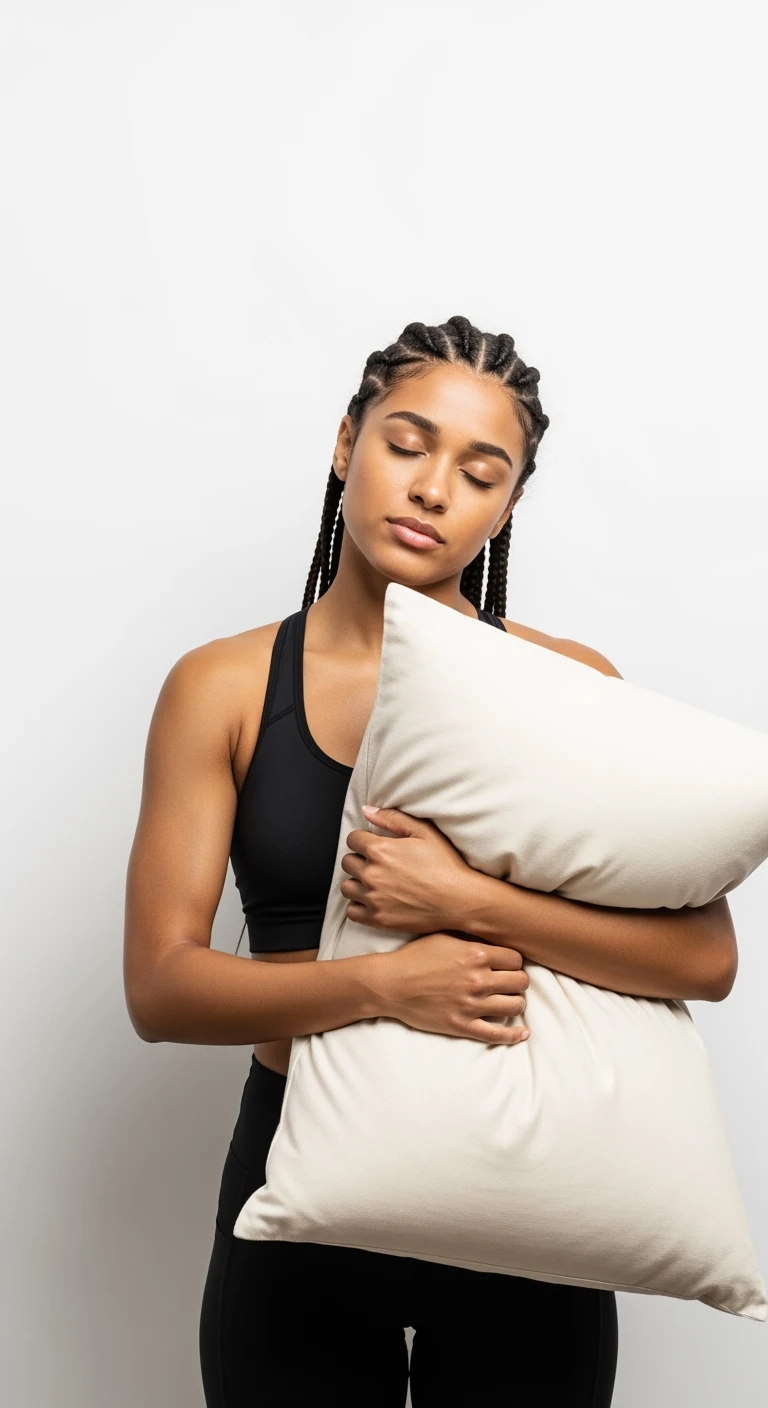 DONNA FITNESS con cuscino in mano e occhi chiusi perché non dorme, ISOLATA SU SFONDO BIANCO emoji