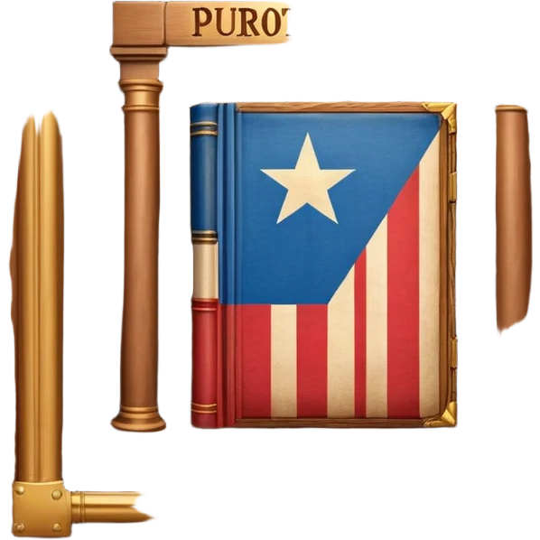 Historic book with theatre stage opening on cover, Puerto Rican flag visible on stage backdrop, wooden frame elements, glowing with warm light suggesting immortality of cultural heritage emoji