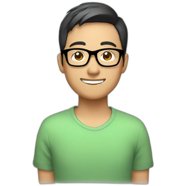 asian man, very short hair, large forehead, black frame glasses, smile, head to shoulder shoot  emoji