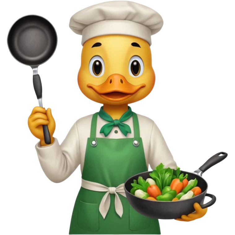 A duck holding a frying pan with vegetables, wearing green apron emoji